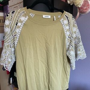 Sandro Top with White Crochet Sleeves